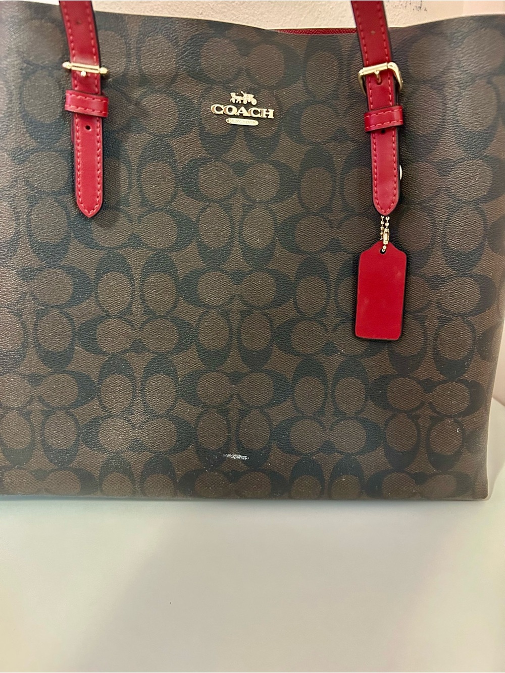 Coach Brown Signature Tote with Red Trim and Pouch - Picture 2 of 4